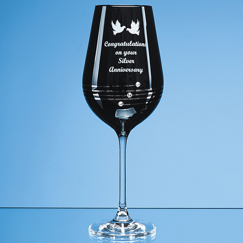 Single Onyx Black Diamante Wine Glass with Platinum Spiral