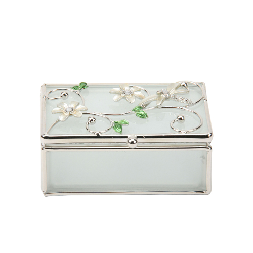 Glass Trinket Box - Dragonfly Ivory Flowers
