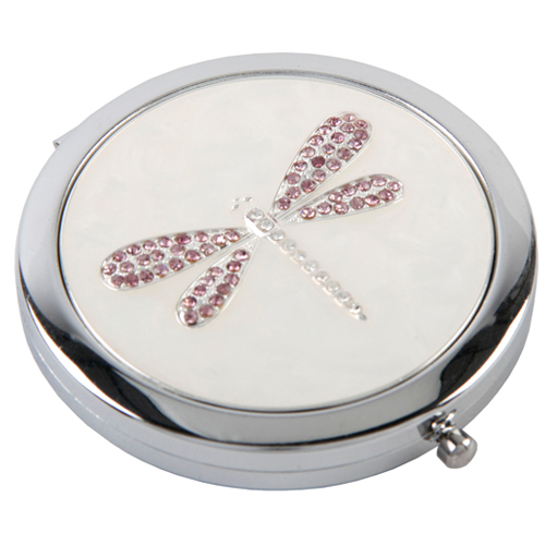 Silver Plated Compact Mirror - Lilac Dragonfly