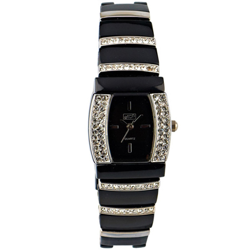 Eton Quartz Curved Diamante Case Black Bracelet