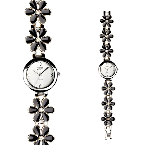 Eton Black Enamel Forget Me Not Link Bracelet Watch