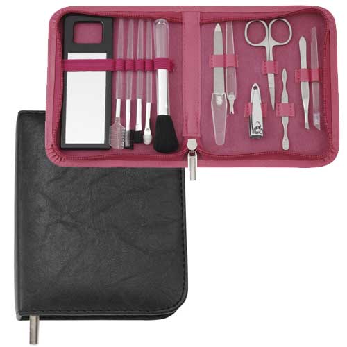 Faux Black Leather 13 Piece Make-up and Manicure Set