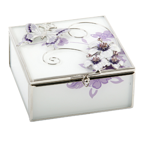 Glass Square Trinket Box Purple Butterfly