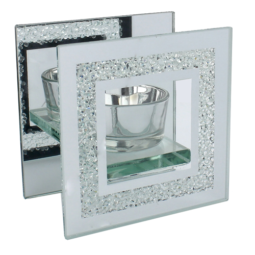 Hestia Mirror & Glitter Square Single Glass Tea Light Holder