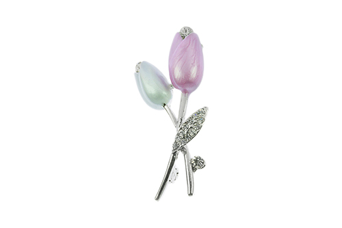 Silver Plated Flower Bud Enamel & Crystal Brooch