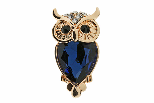 Gold Plated Blue Chested Crystal Owl & Moon Brooch