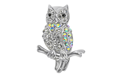 Silver Plated Crystal Owl with Black Crystal Eyes Brooch