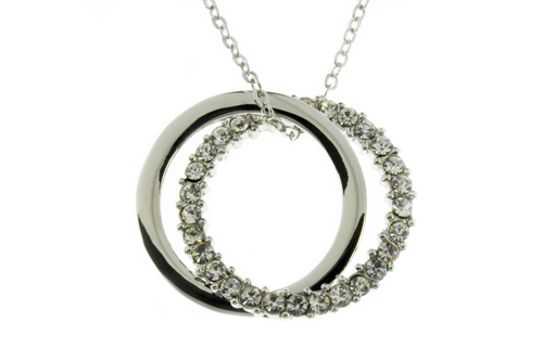 Double Circle Plain Silver & Crystal Pendant