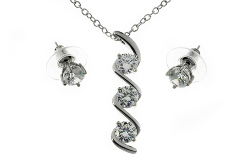 Silver Plated Trio Cubic Zirconia Necklace & Stud Earrings S