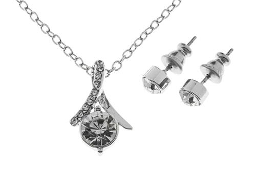Silver Plated Single Crystal Drop Necklaces and Earrings Set