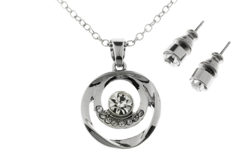 Silver Plated Double Open Circle Crystal Pendant & Earrings