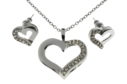Silver Plated Open Heart with Crystal Necklace and Earrings