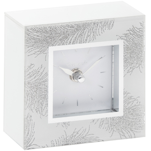 Silver Glitter Feather White Glass Square Mantel Clock