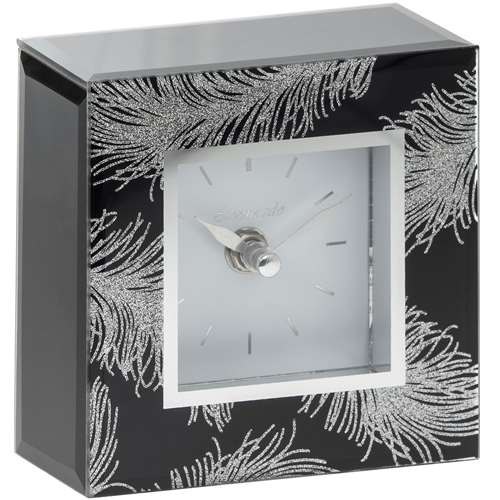 Silver Glitter Feather Black Glass Square Mantel Clock