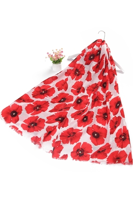 White Poppy Print Long Scarf