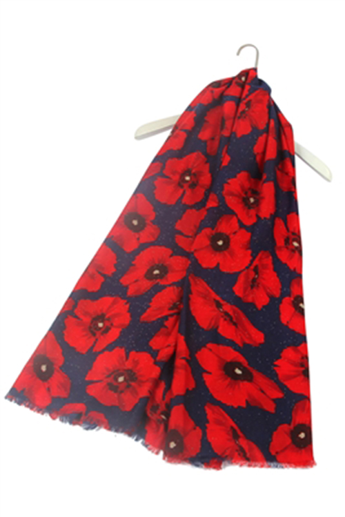 Glitter Bold Poppy Frayed Scarf - Navy Blue