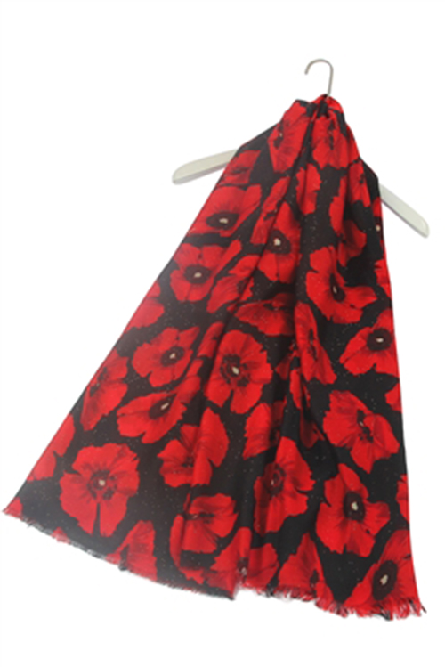 Glitter Bold Poppy Frayed Scarf - Black