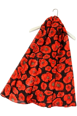 Black Poppy Print Long Scarf