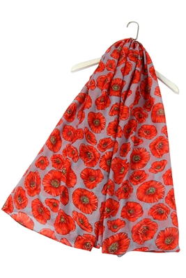 Grey Poppy Print Long Scarf