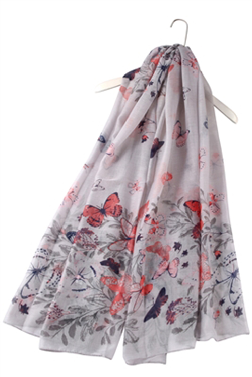 Detailed Butterfly & Leafy Floral Scarf - Light Grey