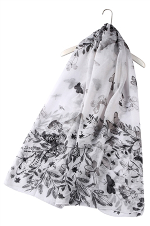 Detailed Butterfly & Leafy Floral Scarf - White & Black