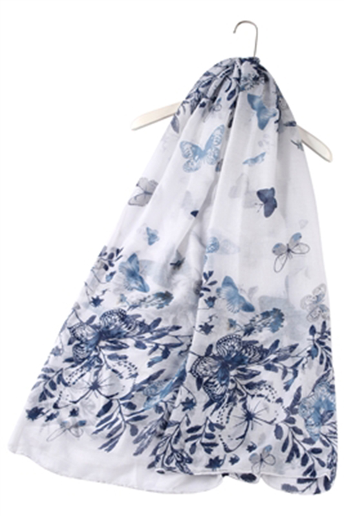 Detailed Butterfly & Leafy Floral Scarf - White & Navy Blue