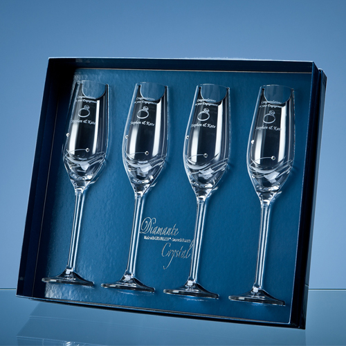 4 Diamante Crystal Champagne Flutes