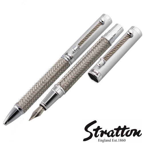 Stratton Chrome Braid Roller Ball & Fountain Pen Set