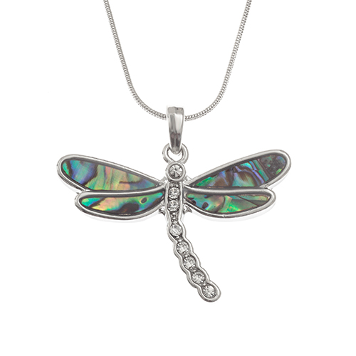 Inlaid Paua Shell Dragonfly with Crystal Tail Pendant
