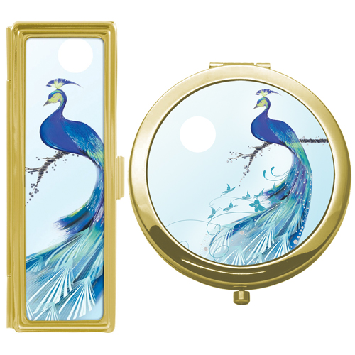 Gold Finish Double Mirror & Lipstick Case - Peacock Blue
