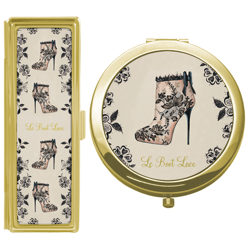 Gold Finish Double Mirror & Lipstick Case - Le Boot Lace