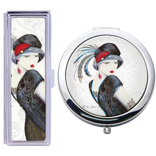 Silver Finish Double Mirror & Lipstick Case Set - Sophia