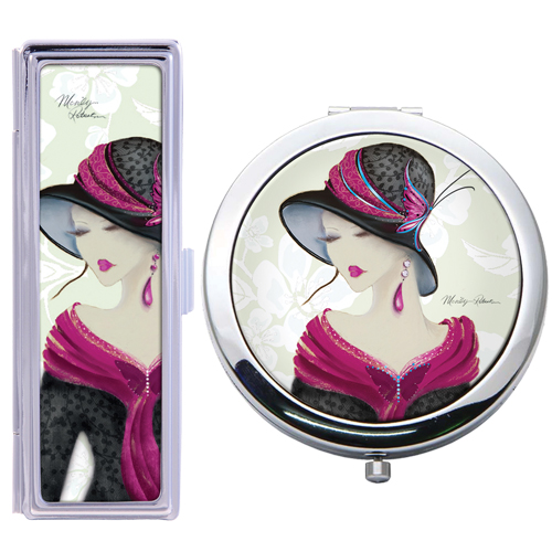 Silver Finish Double Mirror & Lipstick Case Set - Amelia