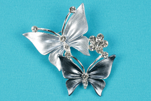 Silver & Black Enamel Crystal Twin Butterfly Brooch