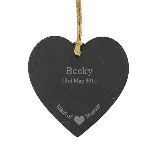Engraved Maid Of Honour Slate Heart Decoration