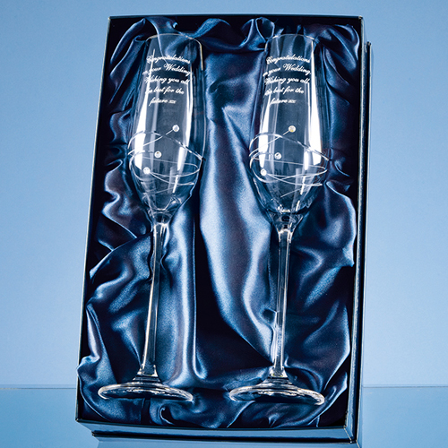 2 Diamante Champagne Flutes with Spiral Design Cutting