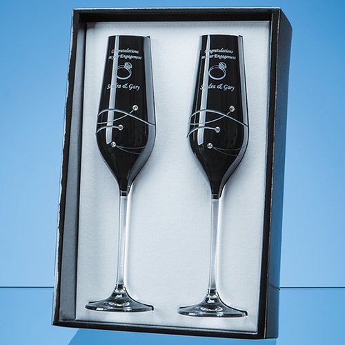 2 Onyx Black Diamante Champagne Flutes with Spiral Design