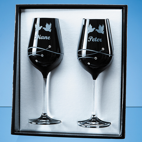 2 Onyx Black Diamante Wine Glasses with Spiral Design