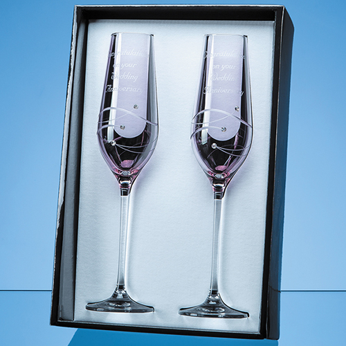 2 Pink Diamante Champagne Flutes with Spiral Design Cutting