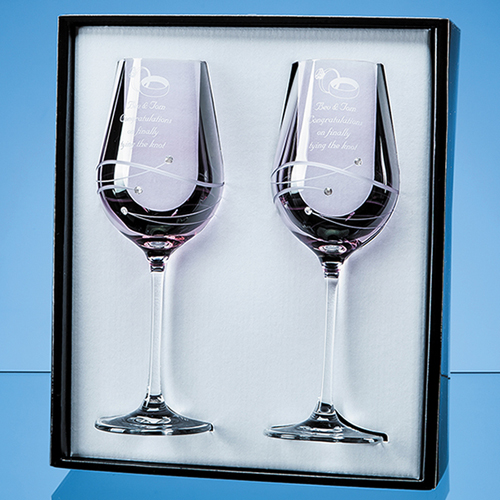 2 Pink Diamante Wine Glasses with Spiral Design