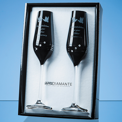 2 Onyx Black Diamante Champagne Flutes with Platinum Spiral