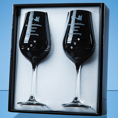 2 Onyx Black Diamante Wine Glasses with Platinum Spiral Desi
